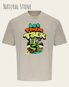 das bild zeigt das oversized heavyweight design-t-shirt awdis 240 T  in der farbe natural stone mit dem entspannten motiv let them talk - lass sie reden. 