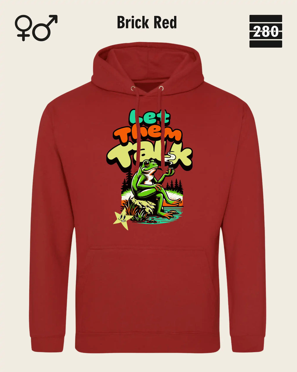 Das bild zeigt den Unisex Design-Hoodie JH001 von AWDis Just hoods in der farbe 
brick red mit dem humorvollen motiv "let them talk".