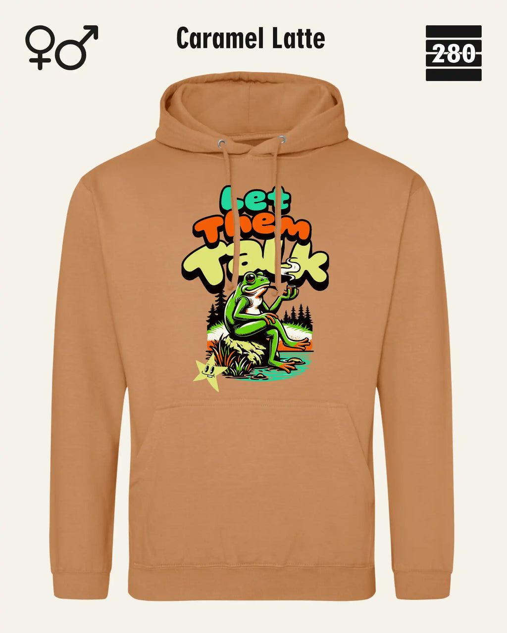Das bild zeigt den Unisex Design-Hoodie JH001 von AWDis Just hoods in der farbe 
caramel latte mit dem humorvollen motiv "let them talk".