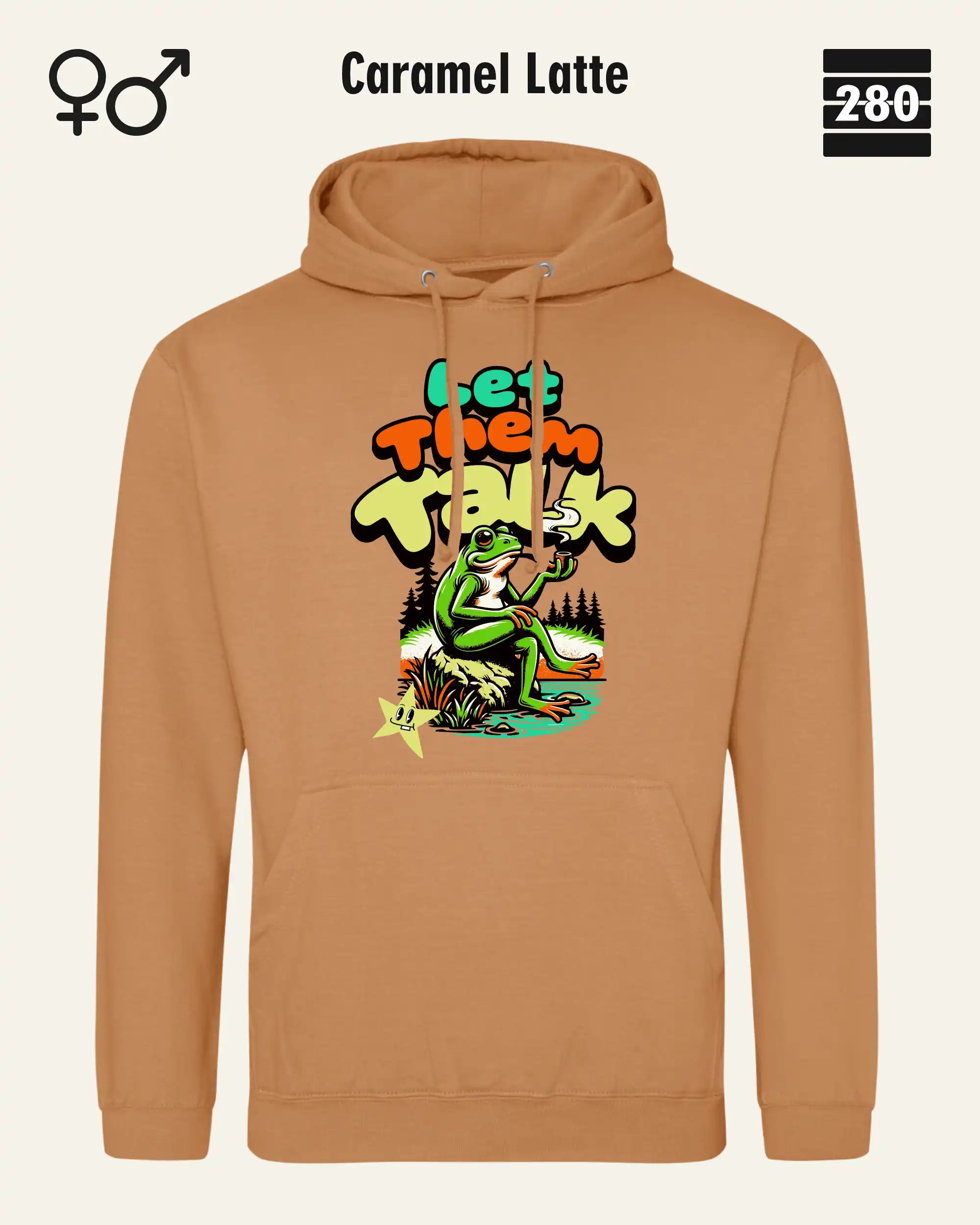 Das bild zeigt den Unisex Design-Hoodie JH001 von AWDis Just hoods in der farbe 
caramel latte mit dem humorvollen motiv "let them talk".