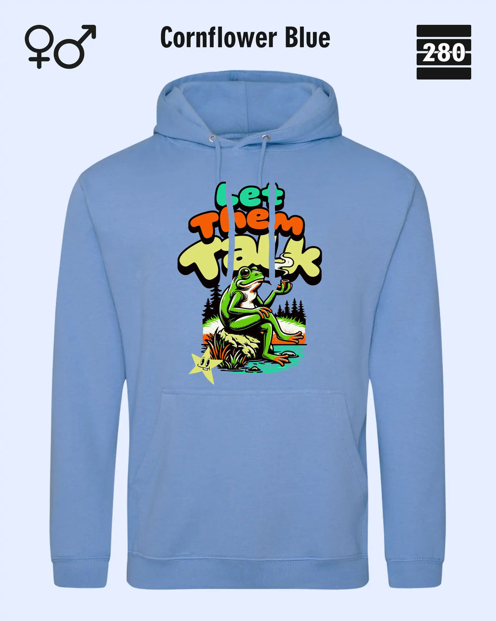 Das bild zeigt den Unisex Design-Hoodie JH001 von AWDis Just hoods in der farbe 
cornflower blue mit dem humorvollen motiv "let them talk".