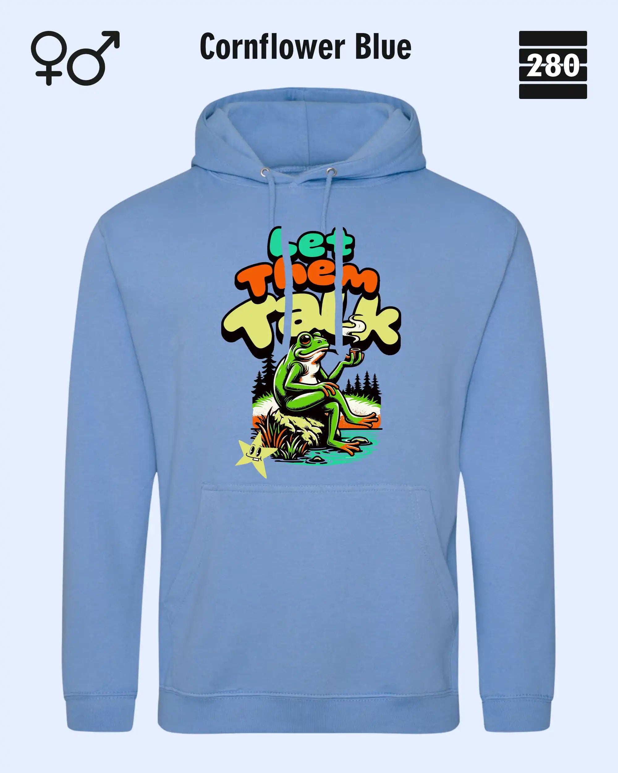 Das bild zeigt den Unisex Design-Hoodie JH001 von AWDis Just hoods in der farbe 
cornflower blue mit dem humorvollen motiv "let them talk".