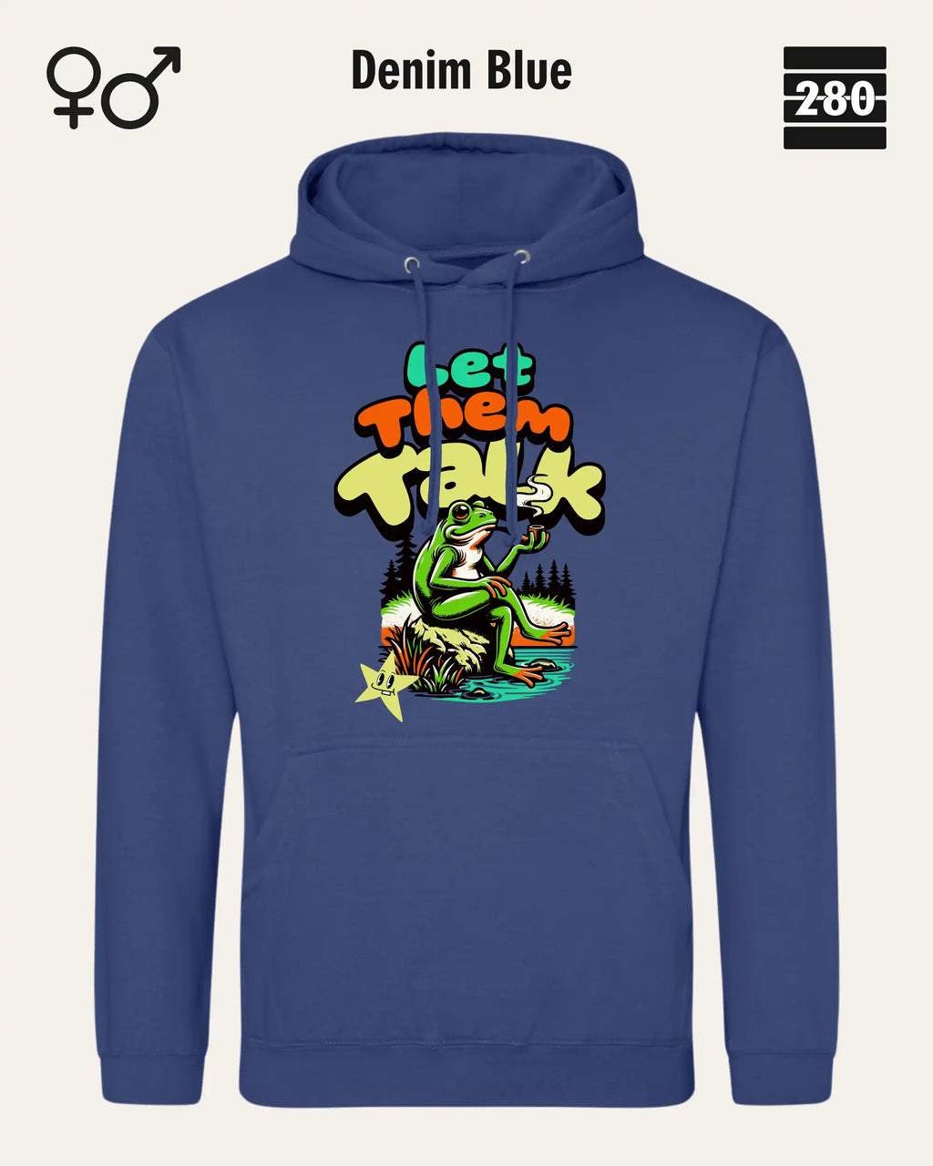 Das bild zeigt den Unisex Design-Hoodie JH001 von AWDis Just hoods in der farbe 
denim blue mit dem humorvollen motiv "let them talk".
