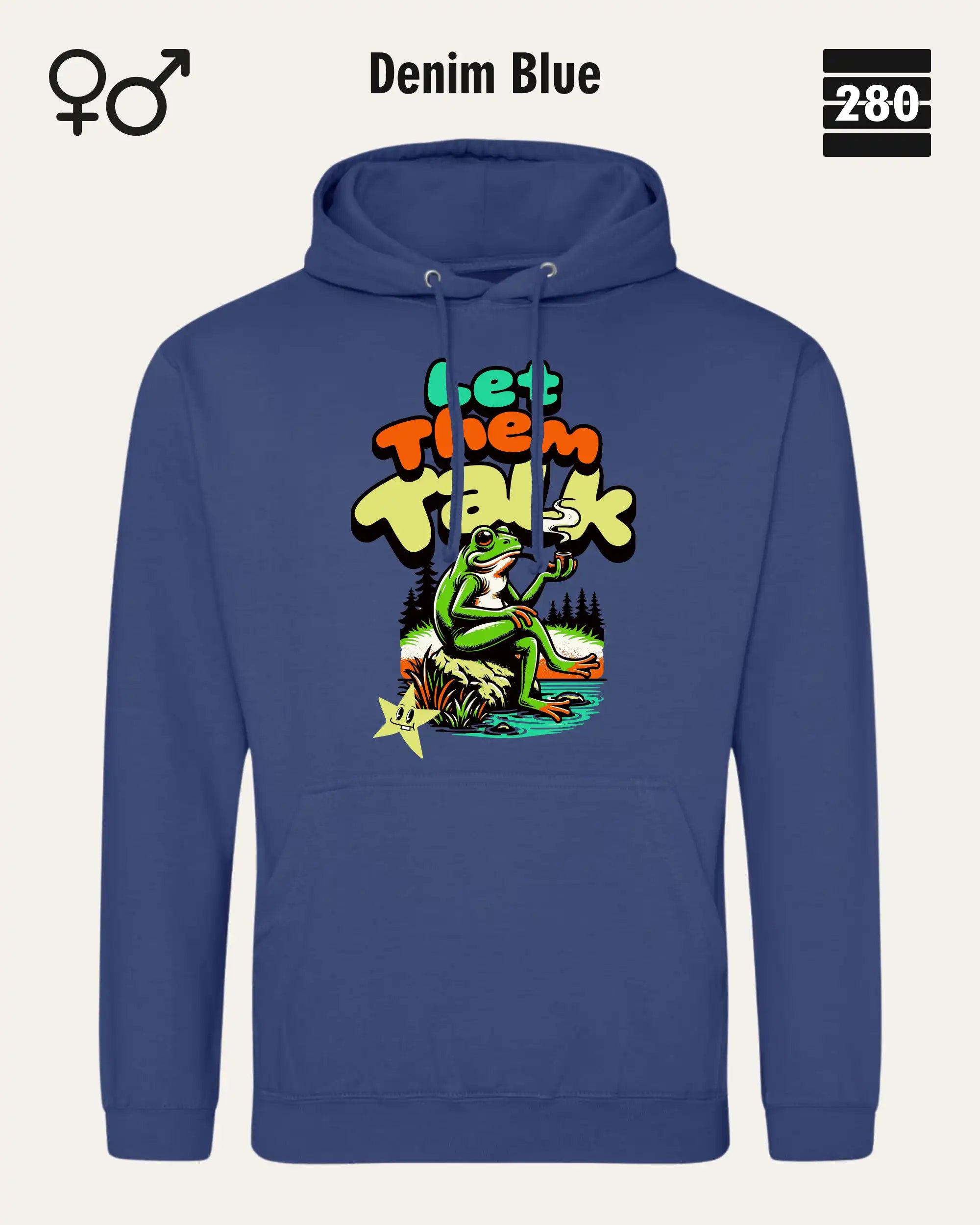 Das bild zeigt den Unisex Design-Hoodie JH001 von AWDis Just hoods in der farbe 
denim blue mit dem humorvollen motiv "let them talk".