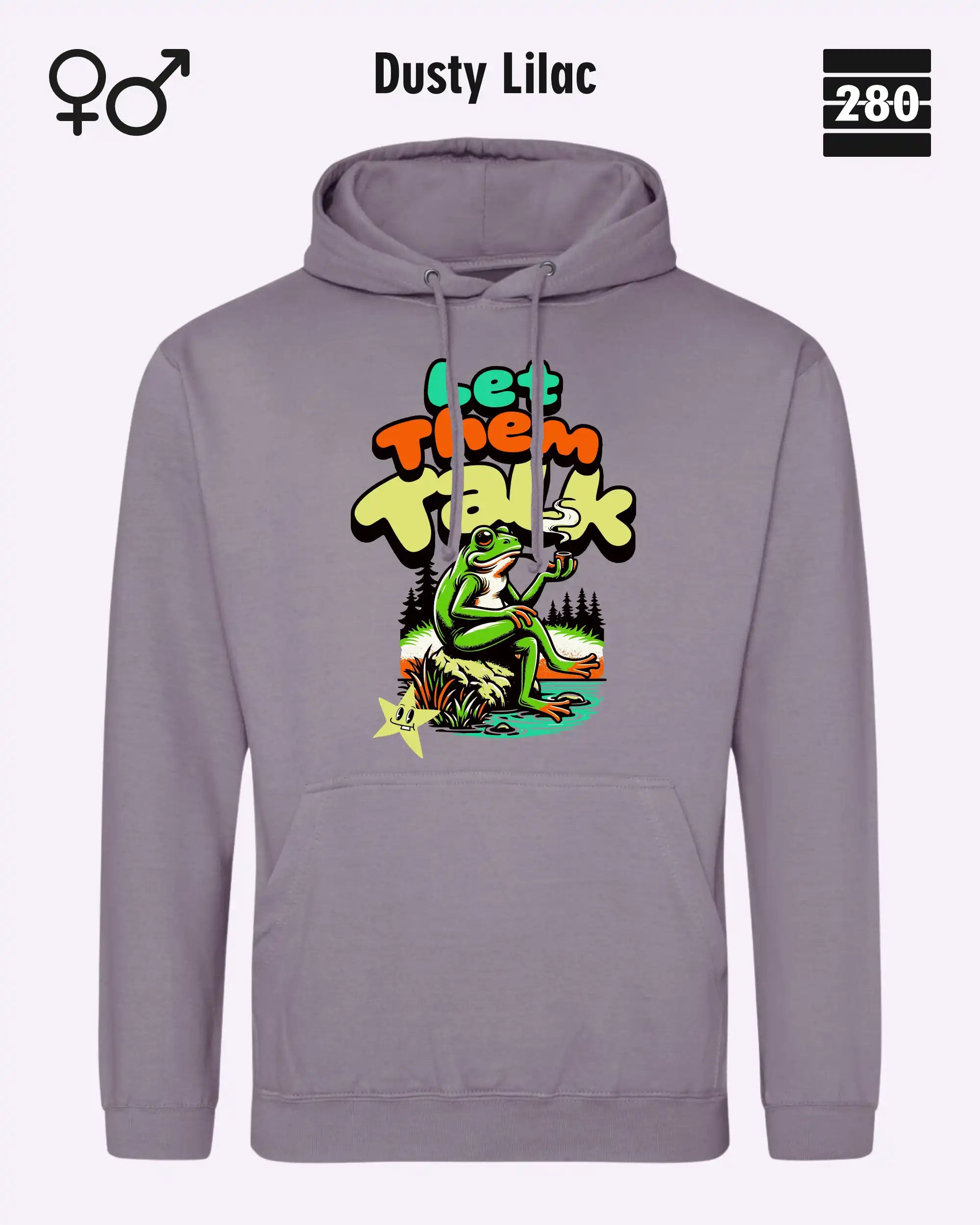 Das bild zeigt den Unisex Design-Hoodie JH001 von AWDis Just hoods in der farbe 
dusty lilac mit dem humorvollen motiv "let them talk".