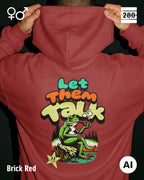 Ein Mann trägt einen Design-Hoodie  in der farbe brick red mit dem humorvollen backprint "let them talk".