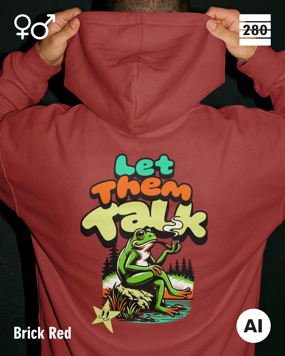 Ein Mann trägt einen Design-Hoodie  in der farbe brick red mit dem humorvollen backprint "let them talk".