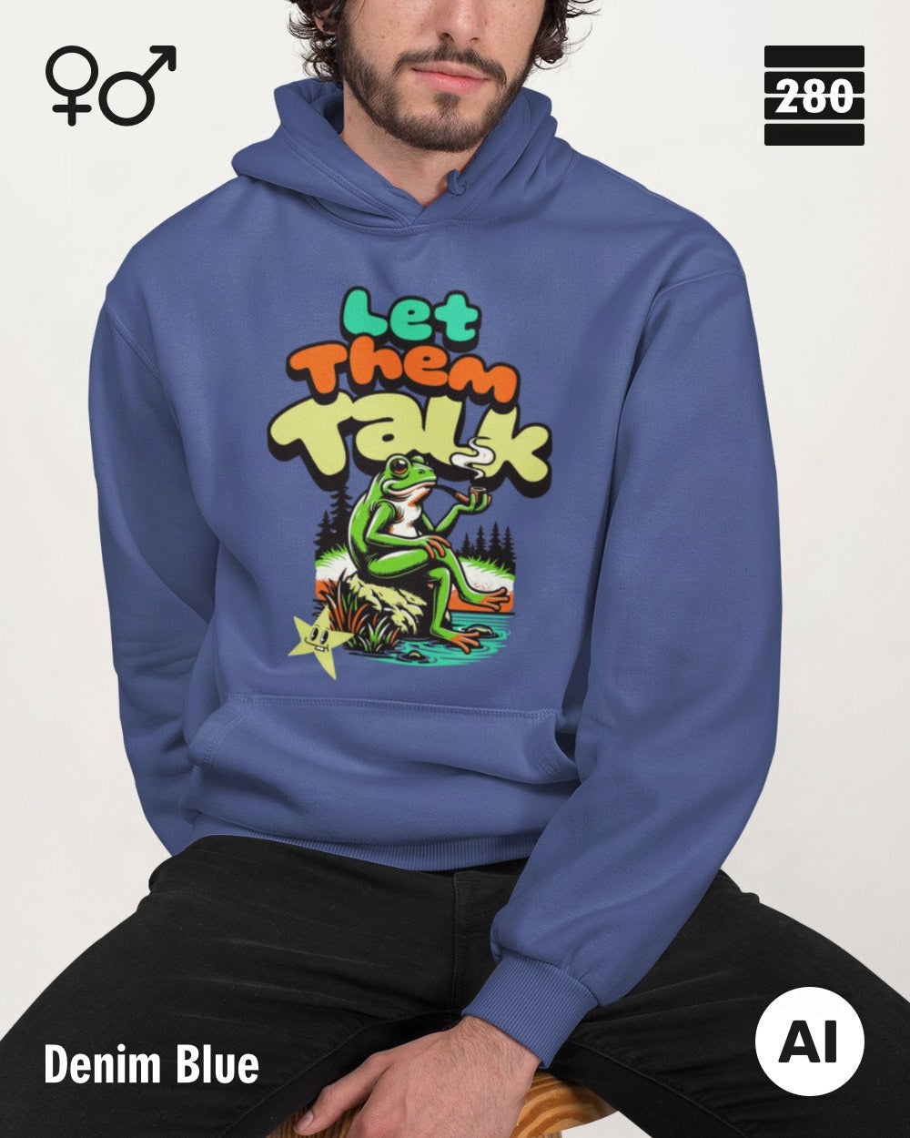Ein Mann trägt einen Design-Hoodie  in der farbe denim blue mit dem humorvollen motiv "let them talk".