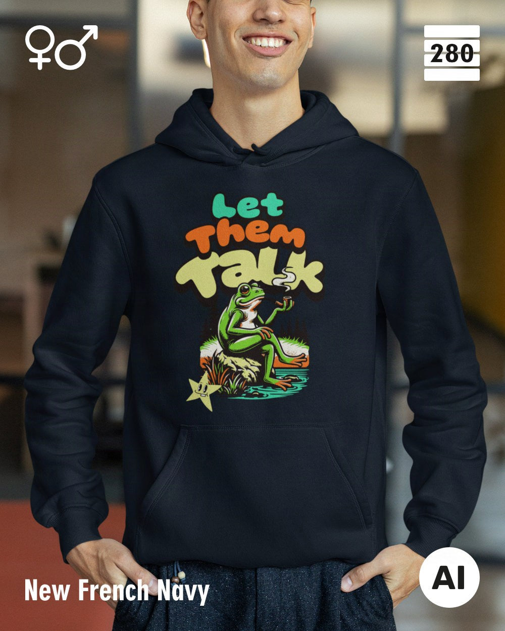 Ein Mann trägt einen Design-Hoodie  in der farbe new french navy mit dem humorvollen motiv "let them talk".