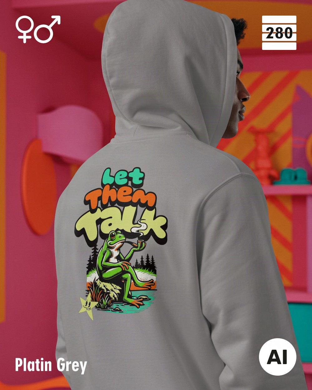 Ein Mann trägt einen Design-Hoodie  in der farbe platin grey mit dem humorvollen backprint "let them talk".