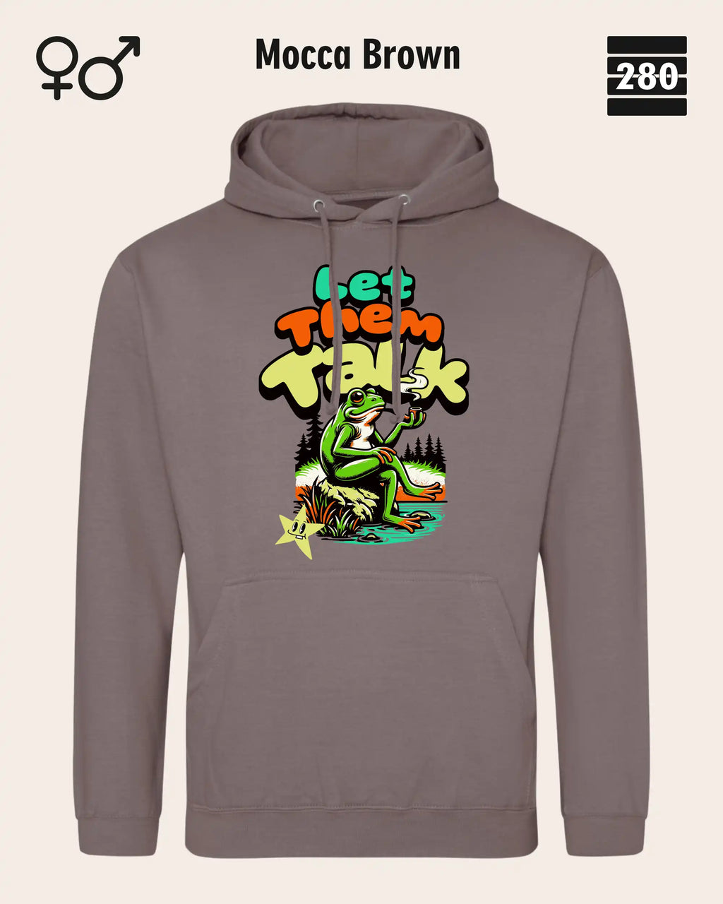 Das bild zeigt den Unisex Design-Hoodie JH001 von AWDis Just hoods in der farbe 
mocca brown mit dem humorvollen motiv "let them talk".