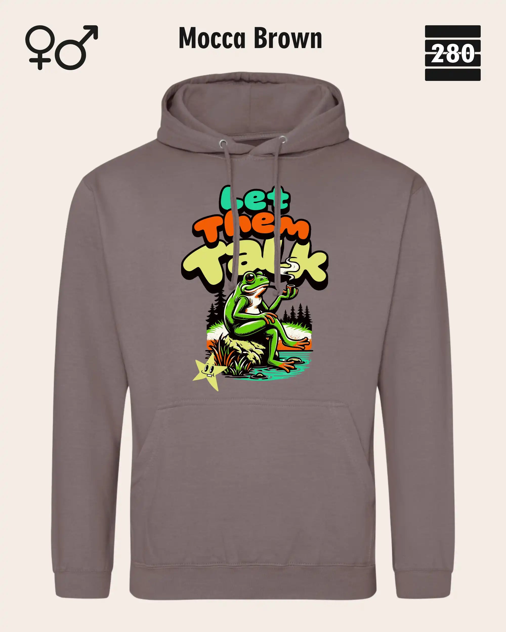 Das bild zeigt den Unisex Design-Hoodie JH001 von AWDis Just hoods in der farbe 
mocca brown mit dem humorvollen motiv "let them talk".