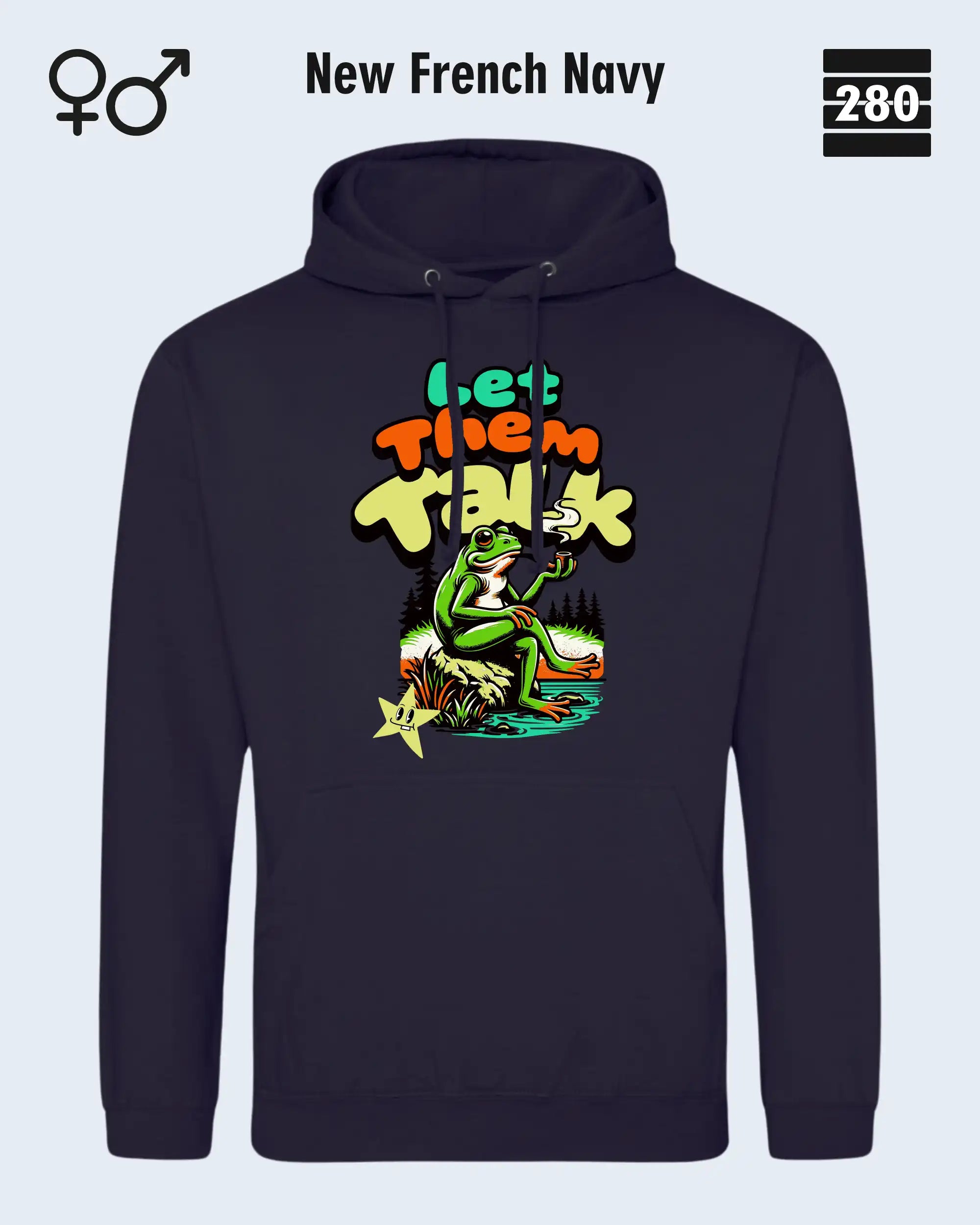 Das bild zeigt den Unisex Design-Hoodie JH001 von AWDis Just hoods in der farbe 
new french navy mit dem humorvollen motiv "let them talk".