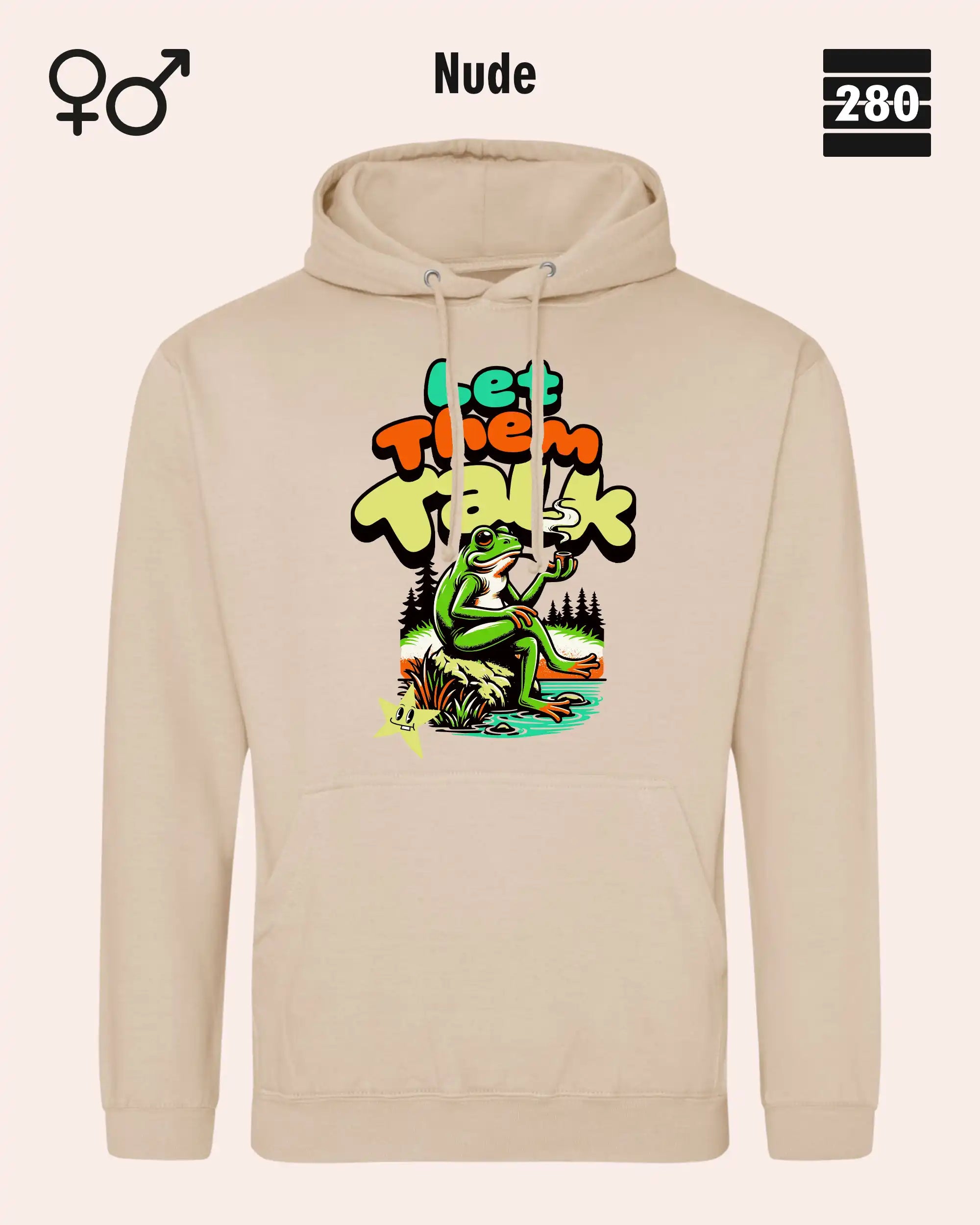 Das bild zeigt den Unisex Design-Hoodie JH001 von AWDis Just hoods in der farbe 
nude mit dem humorvollen motiv "let them talk".