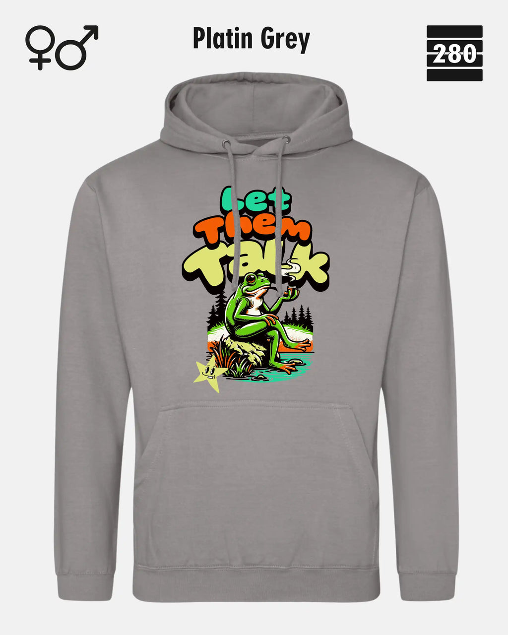 Das bild zeigt den Unisex Design-Hoodie JH001 von AWDis Just hoods in der farbe 
platin grey mit dem humorvollen motiv "let them talk".