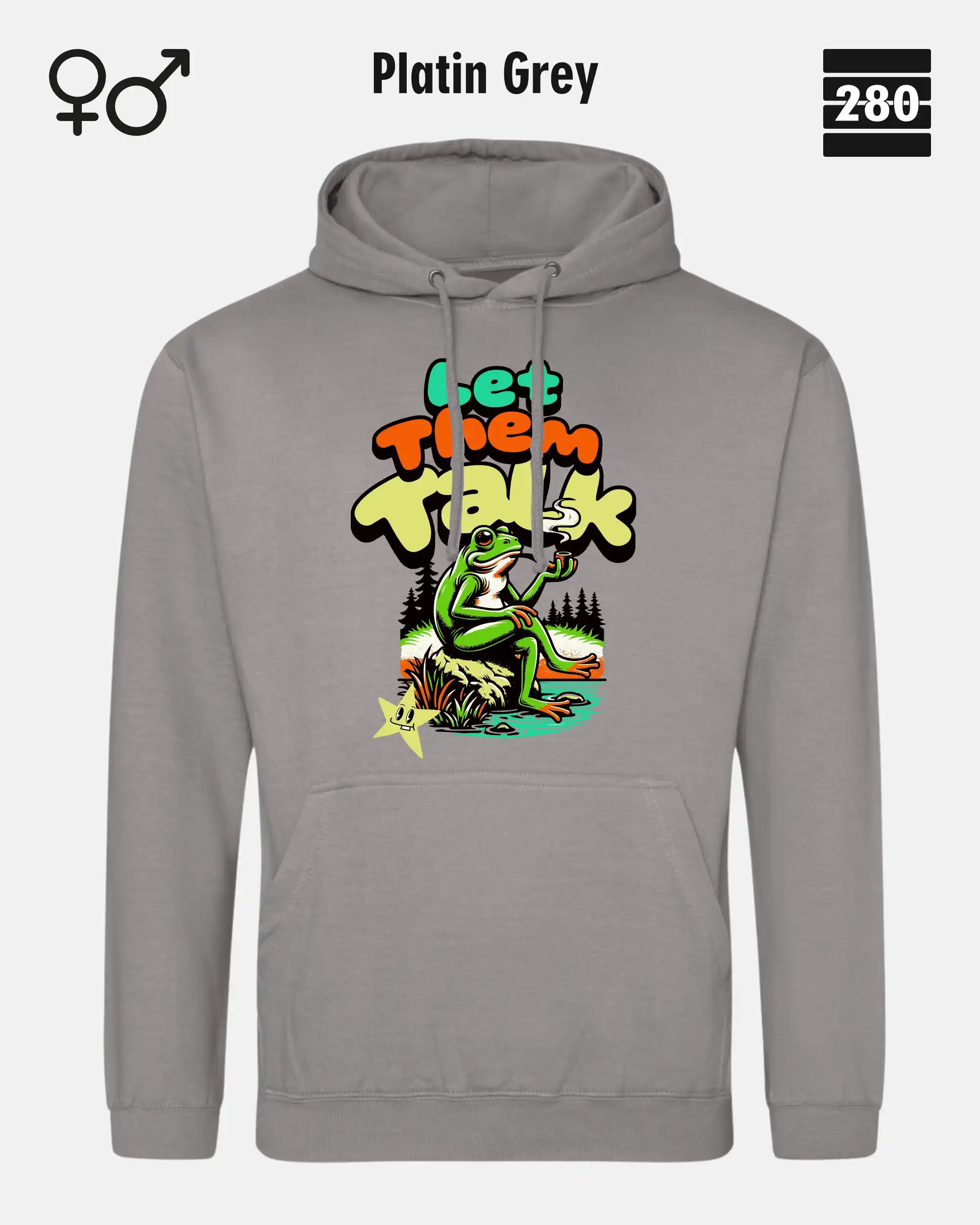 Das bild zeigt den Unisex Design-Hoodie JH001 von AWDis Just hoods in der farbe 
platin grey mit dem humorvollen motiv "let them talk".