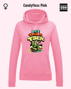 Das bild zeigt den Damen-Design-Hoodie JH001F von AWDis Just hoods in der farbe candyfloss pink mit dem humorvollen motiv "let them talk".