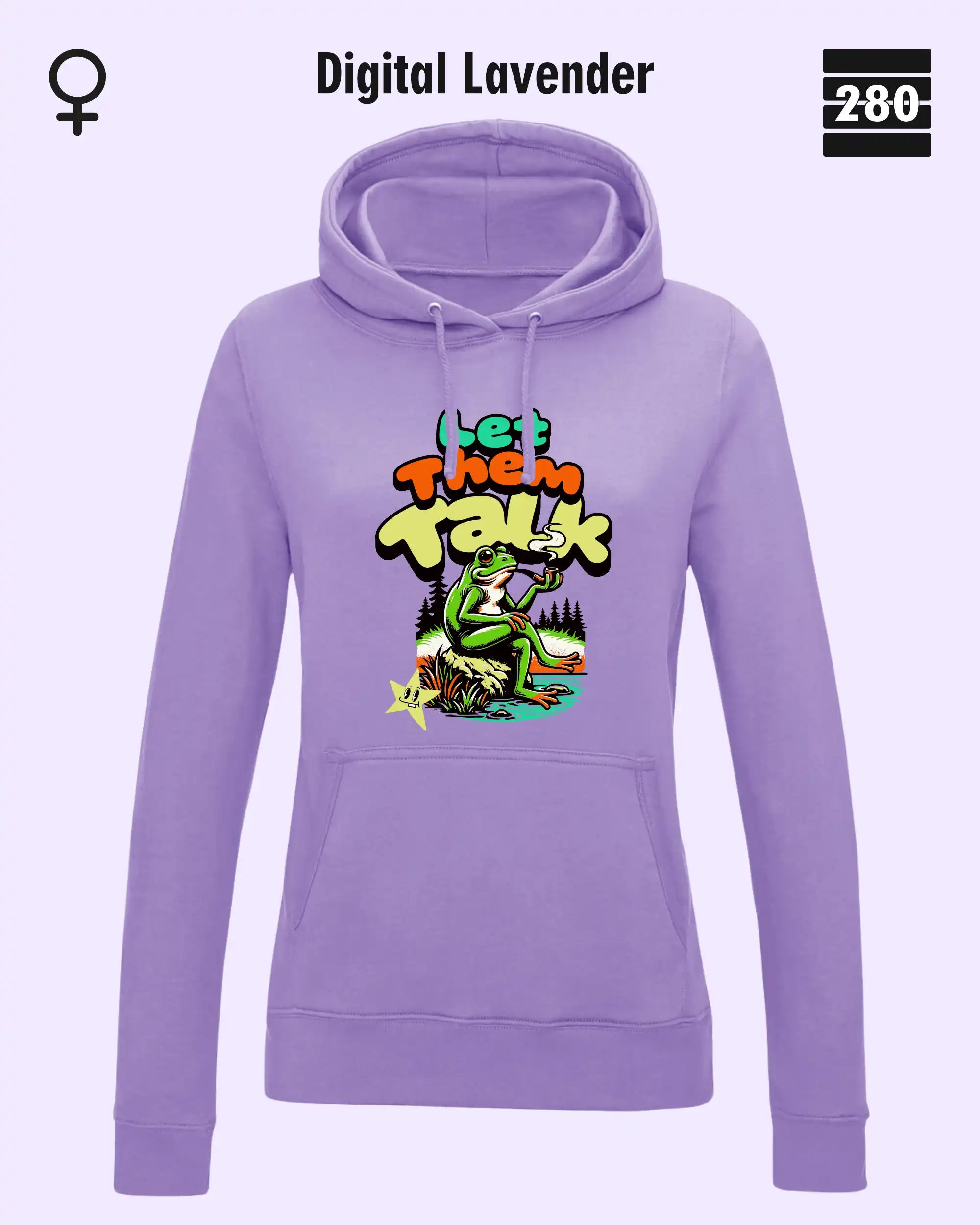 Das bild zeigt den Damen-Design-Hoodie JH001F von AWDis Just hoods in der farbe digital lavender mit dem humorvollen motiv "let them talk".