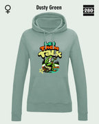 Das bild zeigt den Damen-Design-Hoodie JH001F von AWDis Just hoods in der farbe dusty green mit dem humorvollen motiv "let them talk".