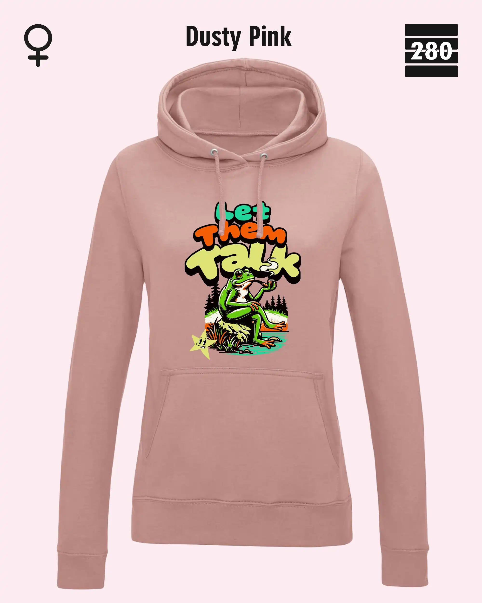 Das bild zeigt den Damen-Design-Hoodie JH001F von AWDis Just hoods in der farbe dusty pink mit dem humorvollen motiv "let them talk".
