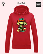 Das bild zeigt den Damen-Design-Hoodie JH001F von AWDis Just hoods in der farbe fire red mit dem humorvollen motiv "let them talk".