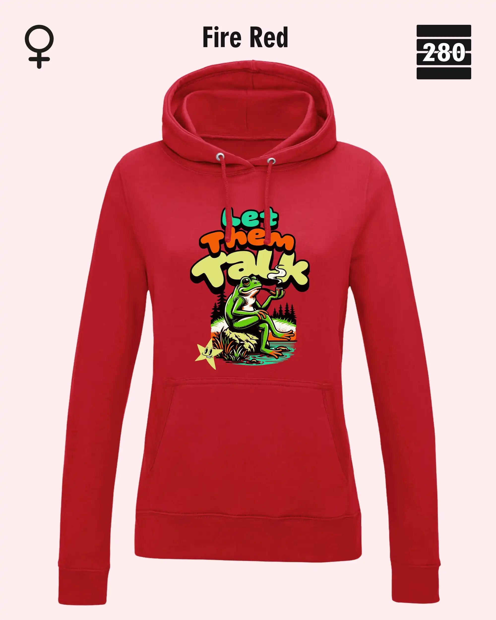 Das bild zeigt den Damen-Design-Hoodie JH001F von AWDis Just hoods in der farbe fire red mit dem humorvollen motiv "let them talk".