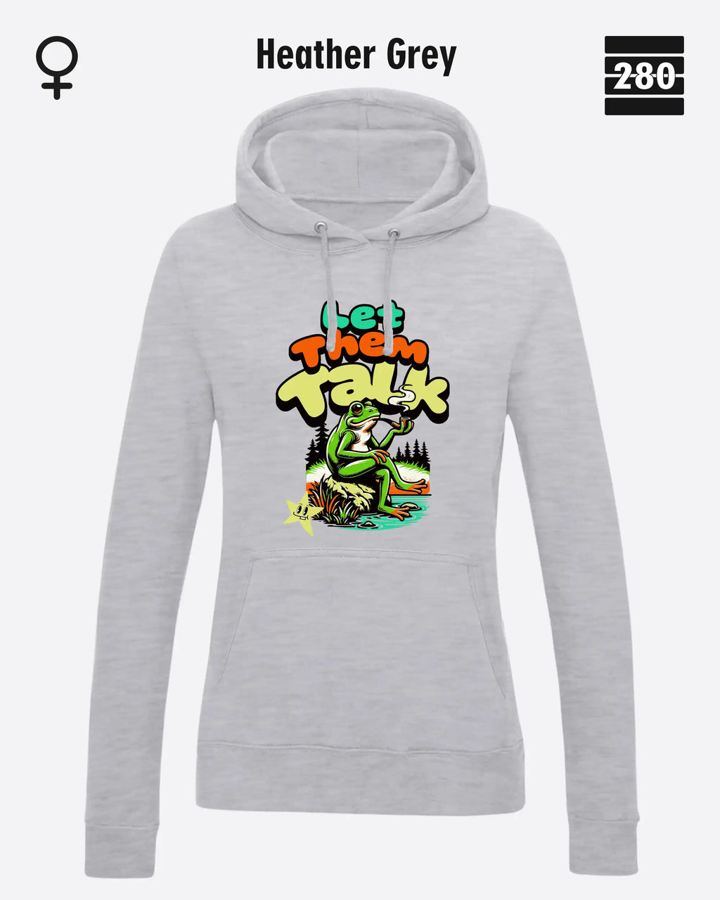 Das bild zeigt den Damen-Design-Hoodie JH001F von AWDis Just hoods in der farbe heathergrey mit dem humorvollen motiv "let them talk".