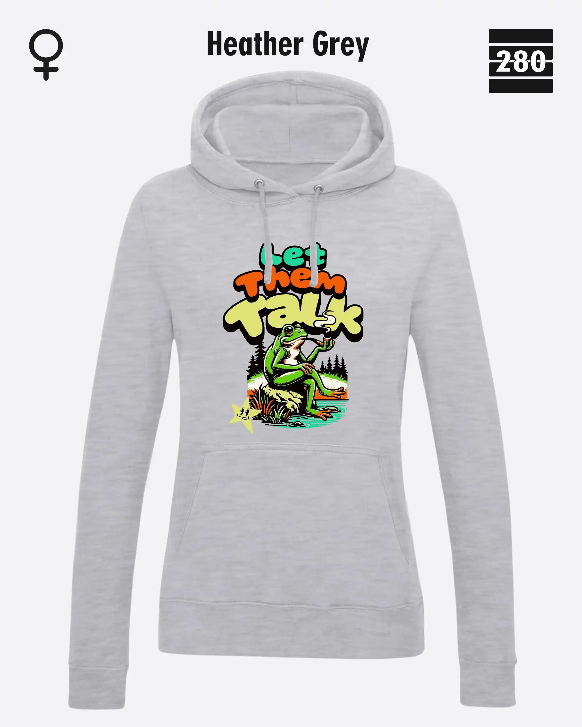 Das bild zeigt den Damen-Design-Hoodie JH001F von AWDis Just hoods in der farbe heathergrey mit dem humorvollen motiv "let them talk".