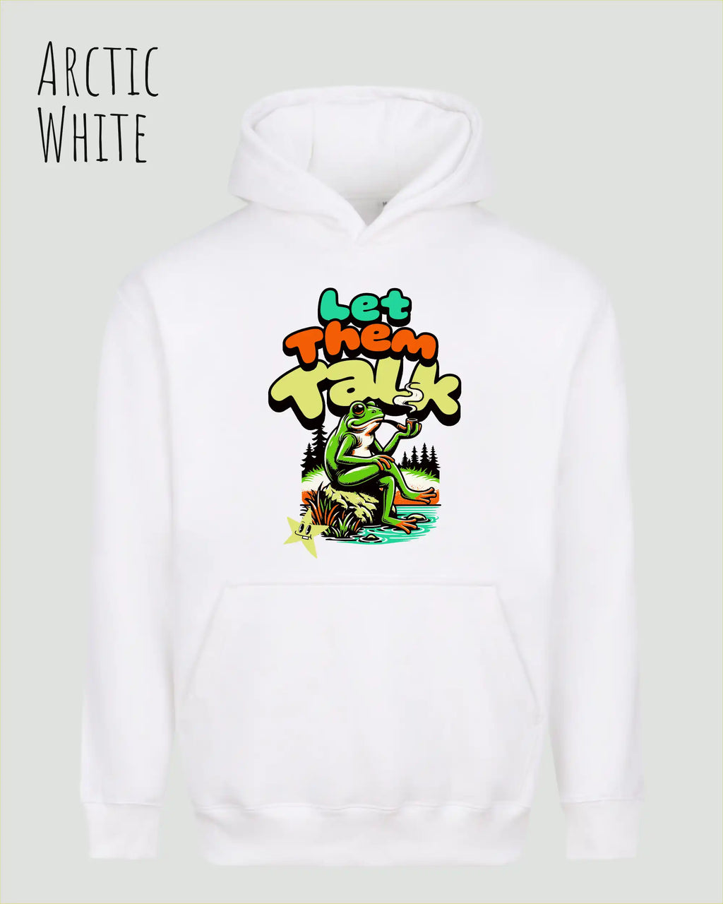 das bild zeigt den Oversized Design-Hoodie JH111 in der farbe arctic white mit dem humorvollen motiv "LET THEM TALK".