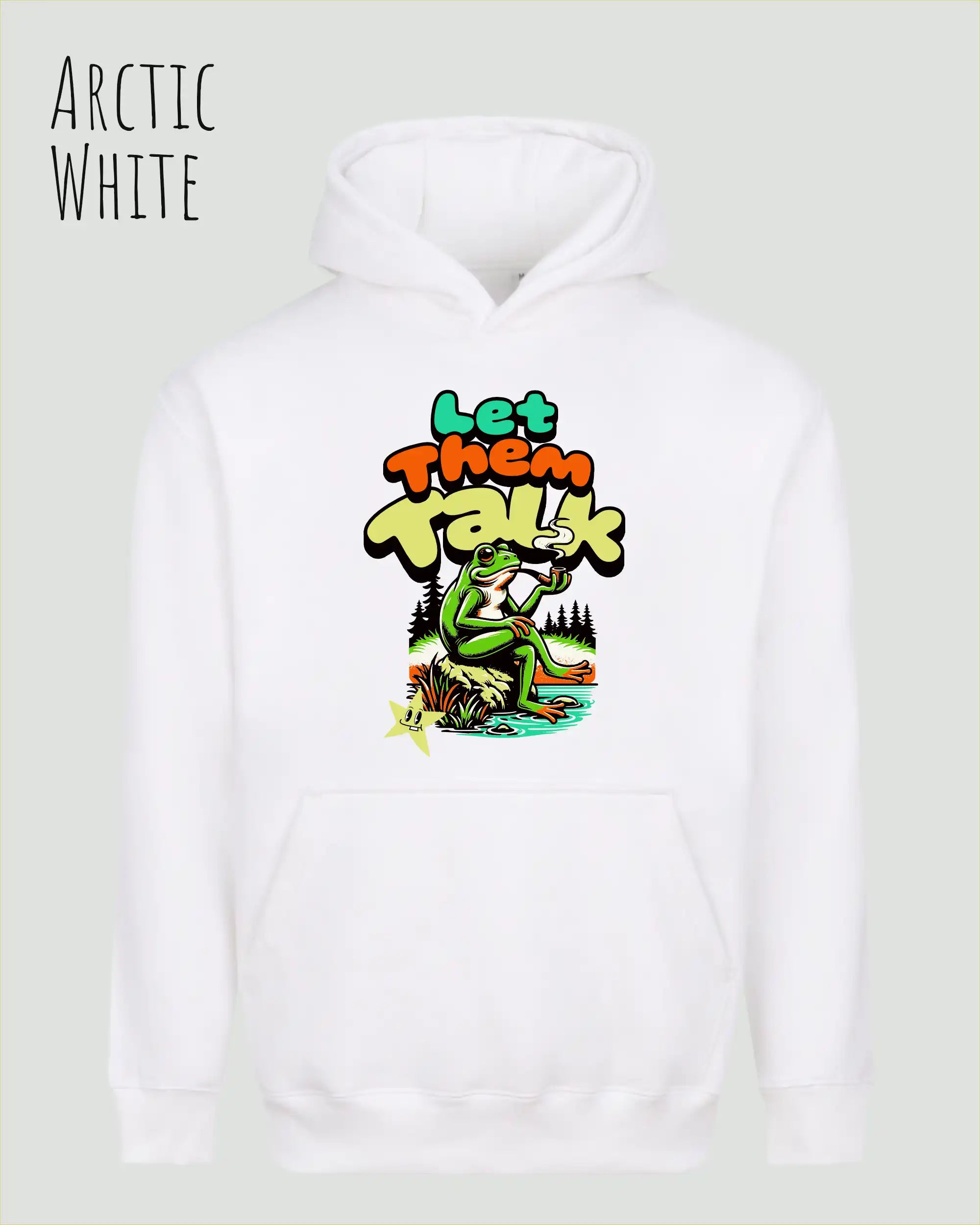 das bild zeigt den Oversized Design-Hoodie JH111 in der farbe arctic white mit dem humorvollen motiv "LET THEM TALK".