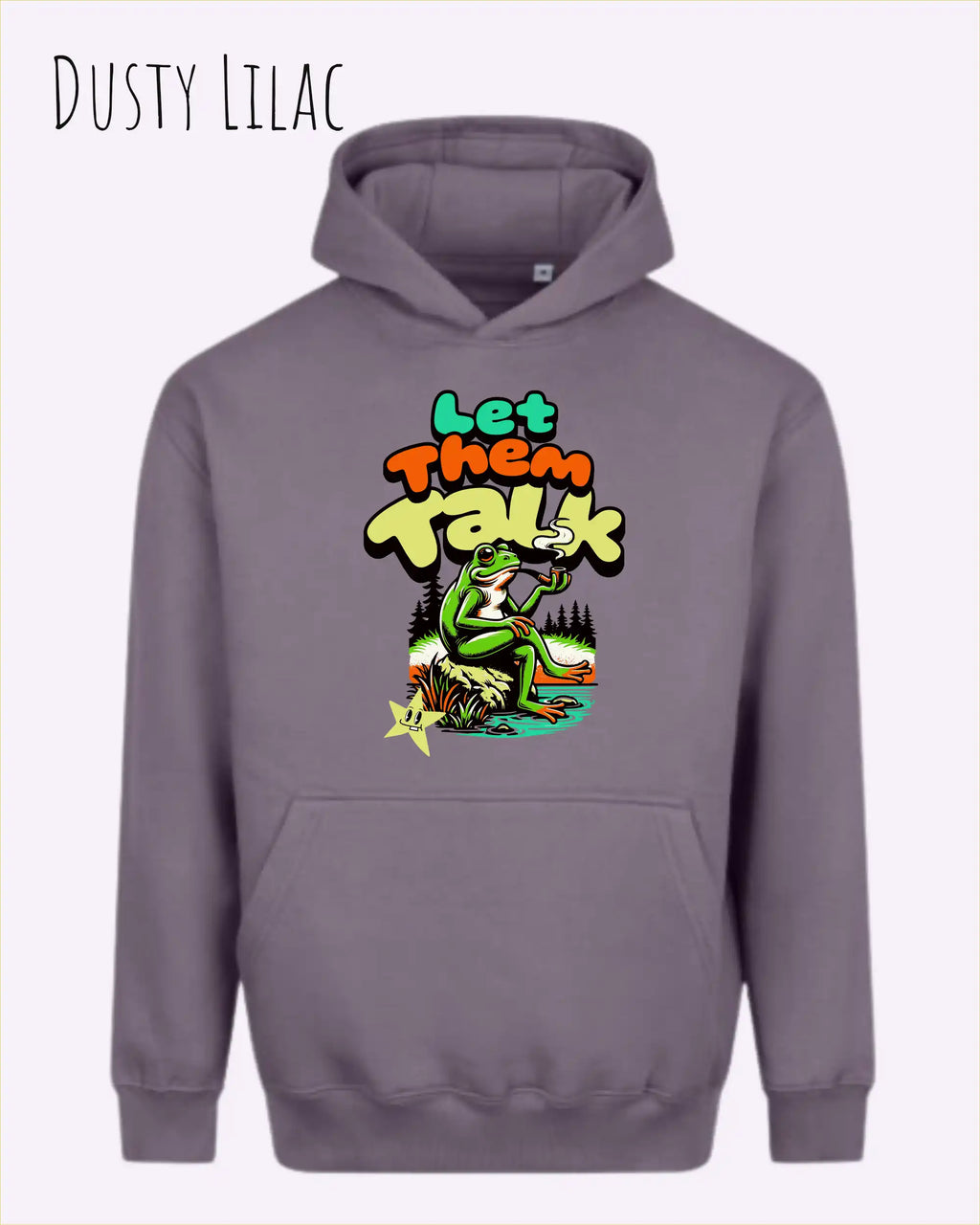 das bild zeigt den Oversized Design-Hoodie JH111 in der farbe dusty lilac mit dem humorvollen motiv "LET THEM TALK".