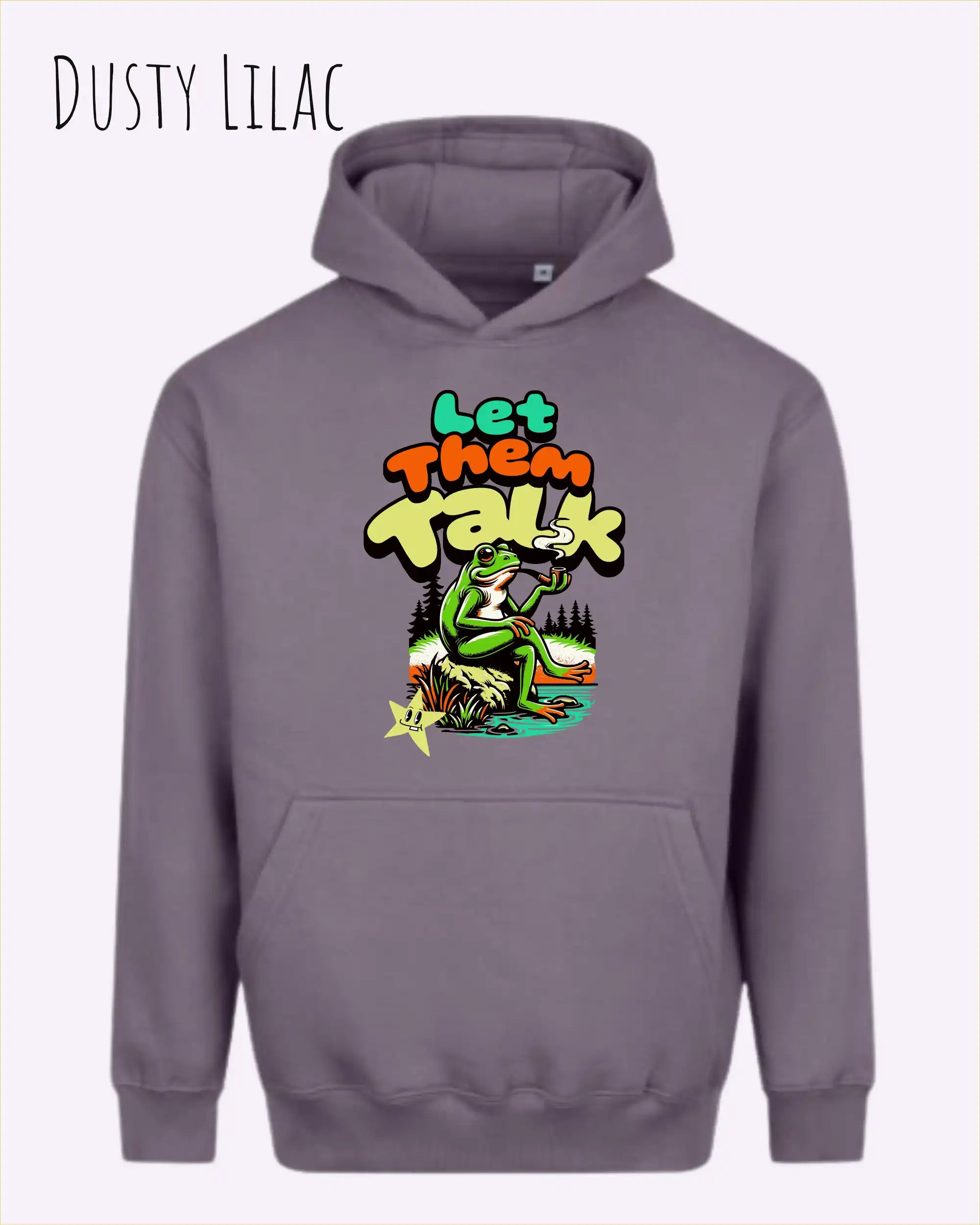 das bild zeigt den Oversized Design-Hoodie JH111 in der farbe dusty lilac mit dem humorvollen motiv "LET THEM TALK".