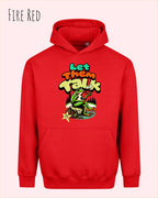 das bild zeigt den Oversized Design-Hoodie JH111 in der farbe fire red mit dem humorvollen motiv "LET THEM TALK".