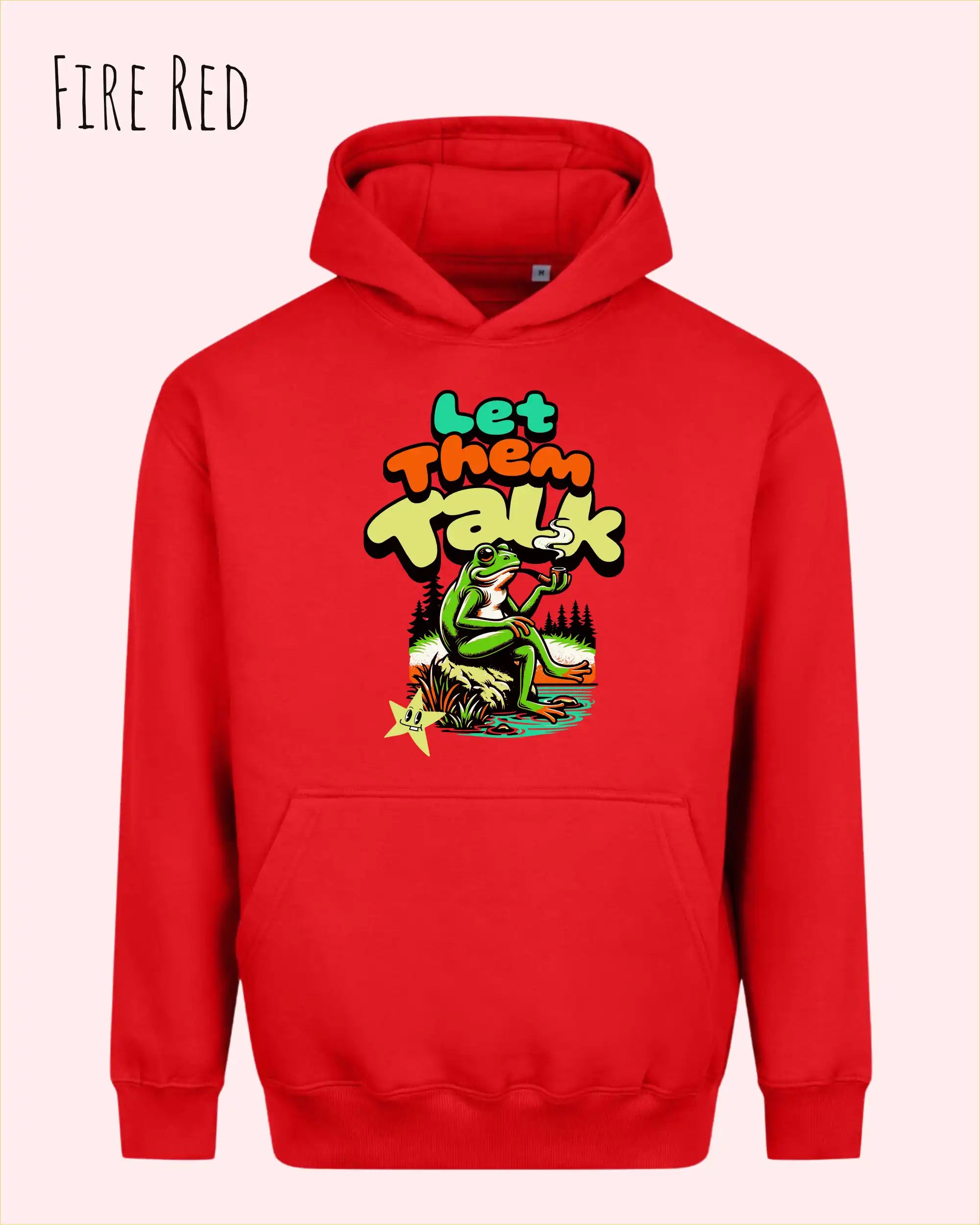 das bild zeigt den Oversized Design-Hoodie JH111 in der farbe fire red mit dem humorvollen motiv "LET THEM TALK".
