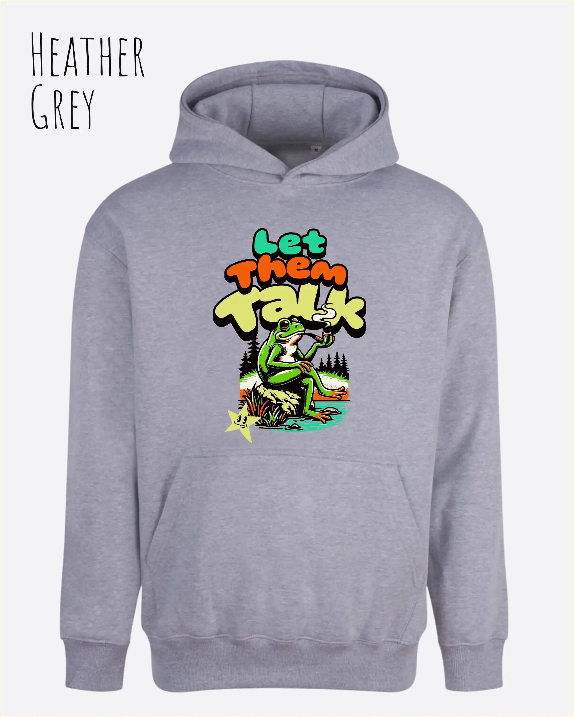 das bild zeigt den Oversized Design-Hoodie JH111 in der farbe heather grey mit dem humorvollen motiv "LET THEM TALK".