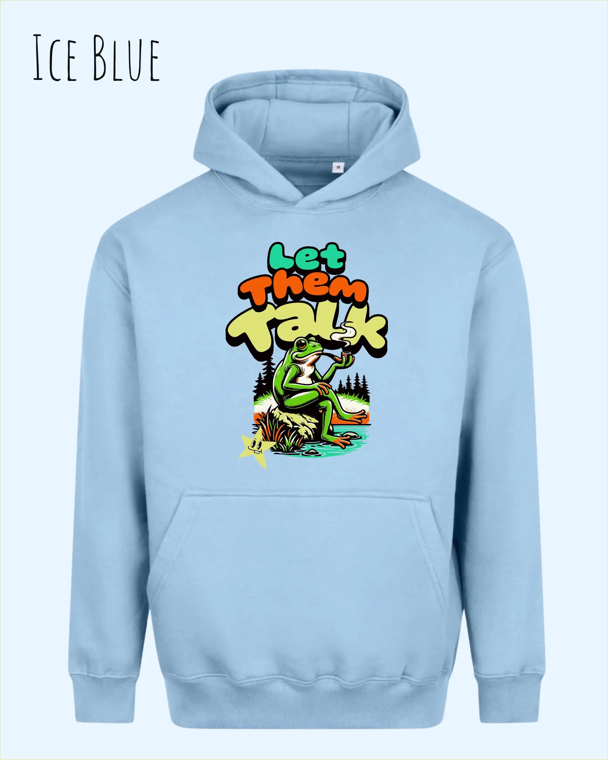 das bild zeigt den Oversized Design-Hoodie JH111 in der farbe ice blue mit dem humorvollen motiv "LET THEM TALK".