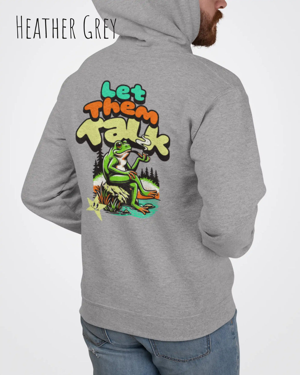 die Abbildung zeigt einen mann, der einen Oversized Design-Hoodie in der farbe heather grey und mit dem humorvollen backprint "let them talk" trägt.