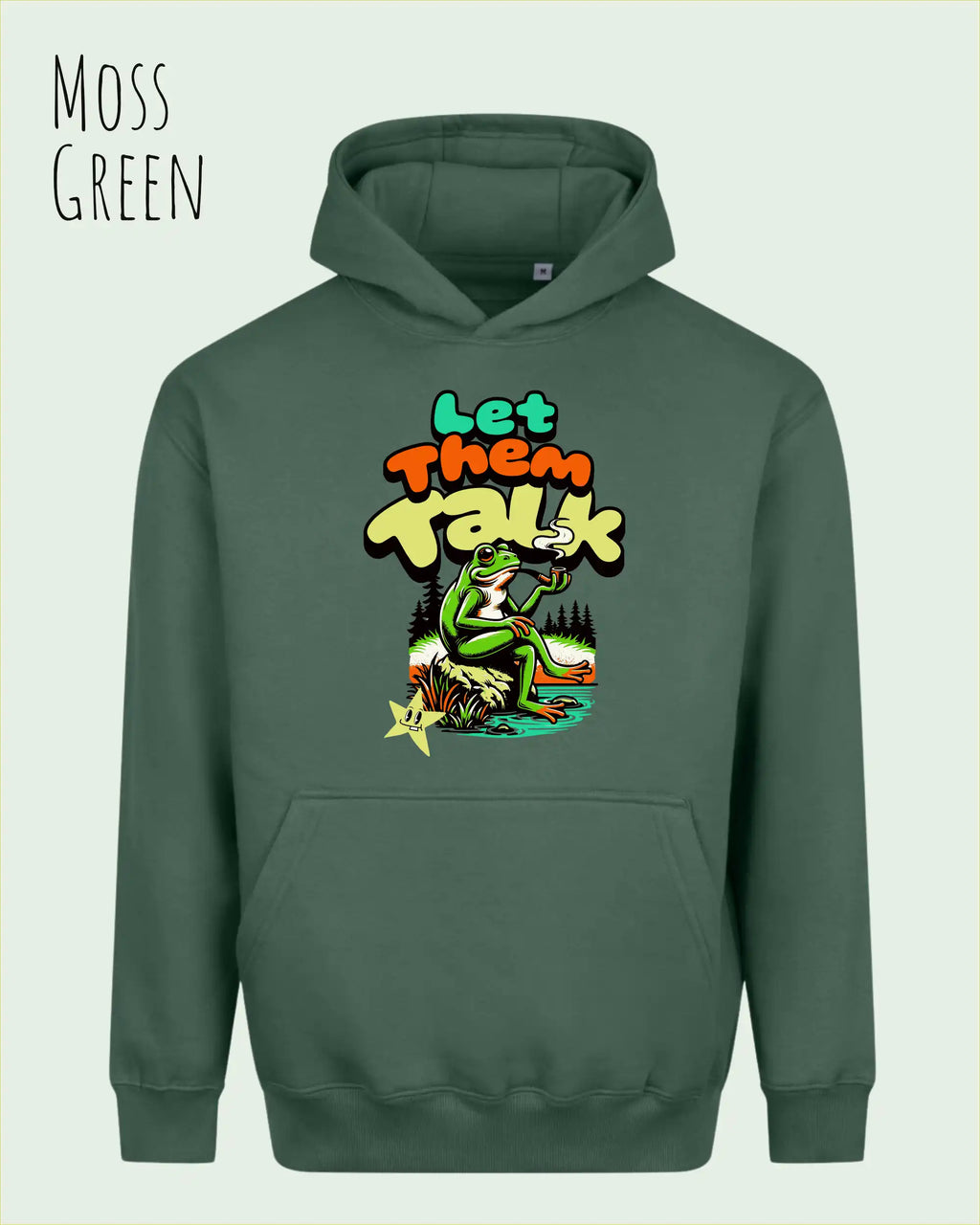das bild zeigt den Oversized Design-Hoodie JH111 in der farbe moss grün mit dem humorvollen motiv "LET THEM TALK".