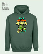 das bild zeigt den Oversized Design-Hoodie JH111 in der farbe moss grün mit dem humorvollen motiv "LET THEM TALK".