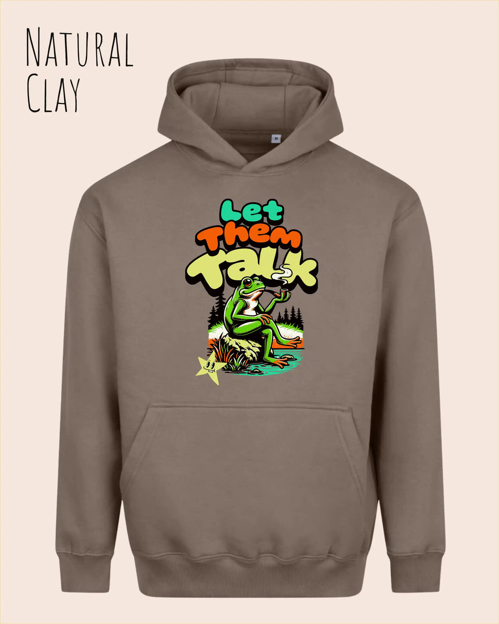 das bild zeigt den Oversized Design-Hoodie JH111 in der farbe natural clay mit dem humorvollen motiv "LET THEM TALK".