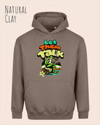 das bild zeigt den Oversized Design-Hoodie JH111 in der farbe natural clay mit dem humorvollen motiv "LET THEM TALK".