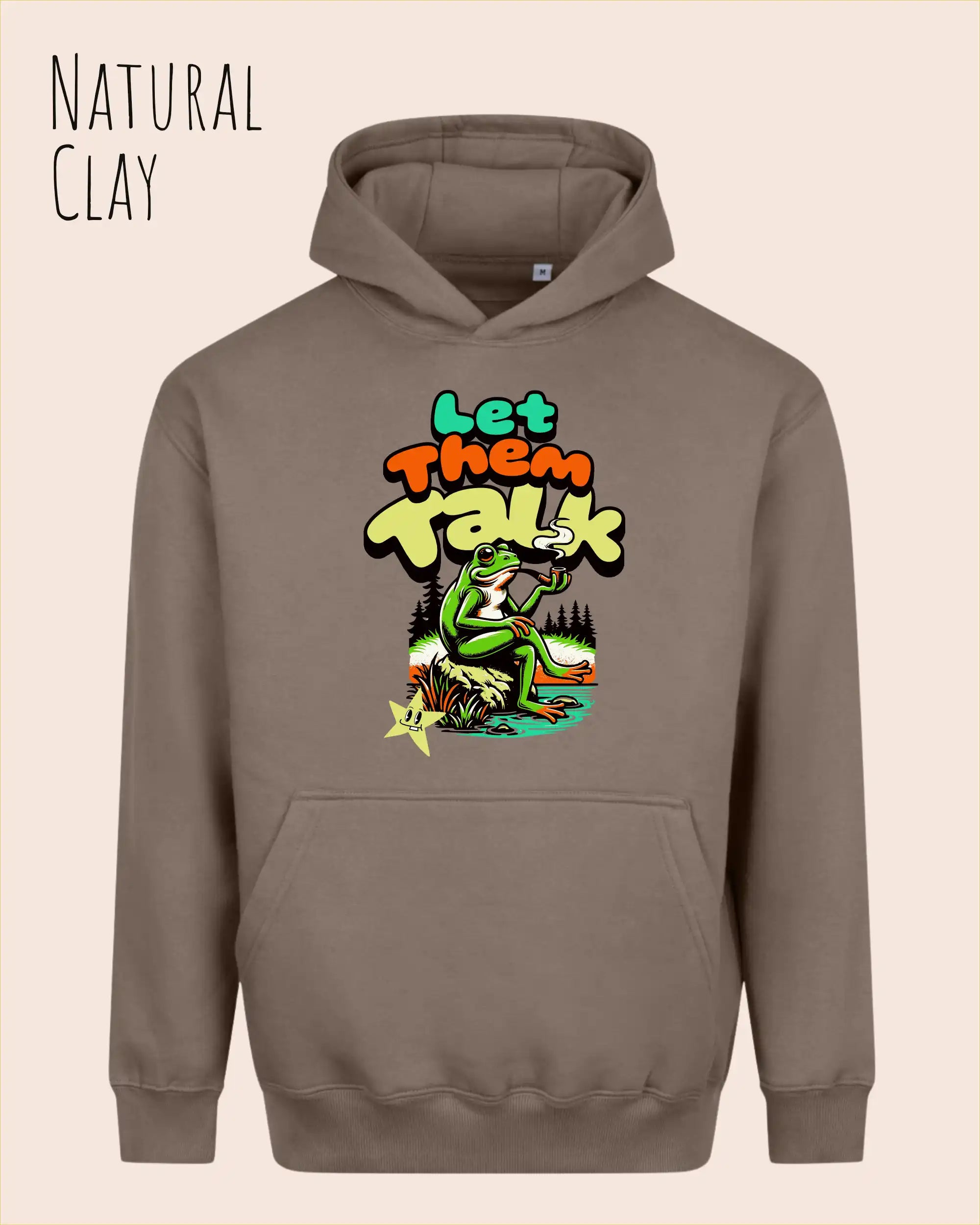 das bild zeigt den Oversized Design-Hoodie JH111 in der farbe natural clay mit dem humorvollen motiv "LET THEM TALK".