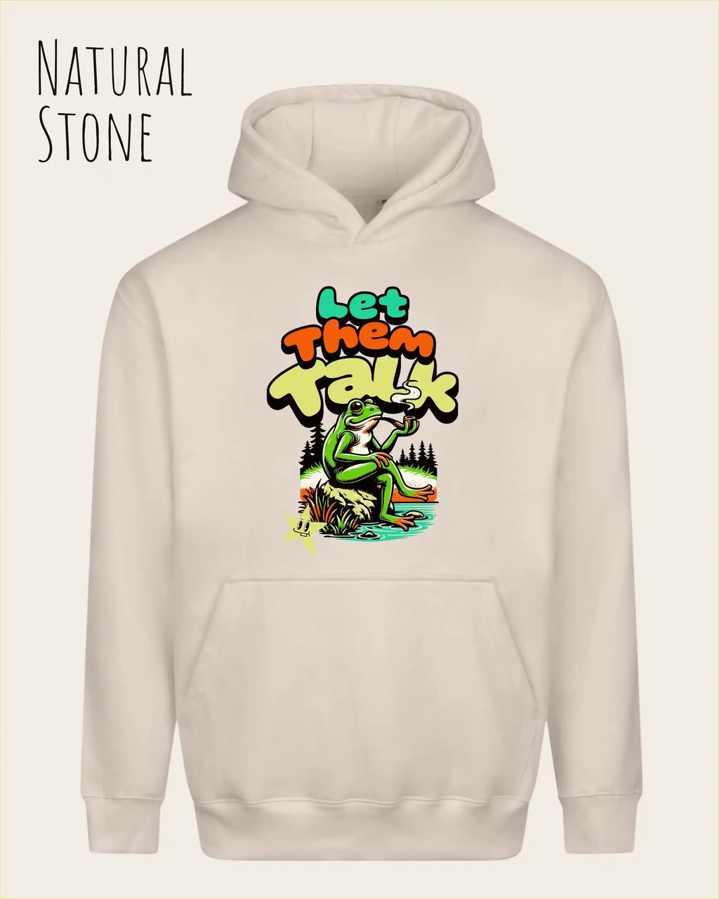 das bild zeigt den Oversized Design-Hoodie JH111 in der farbe natural stone mit dem humorvollen motiv "LET THEM TALK".
