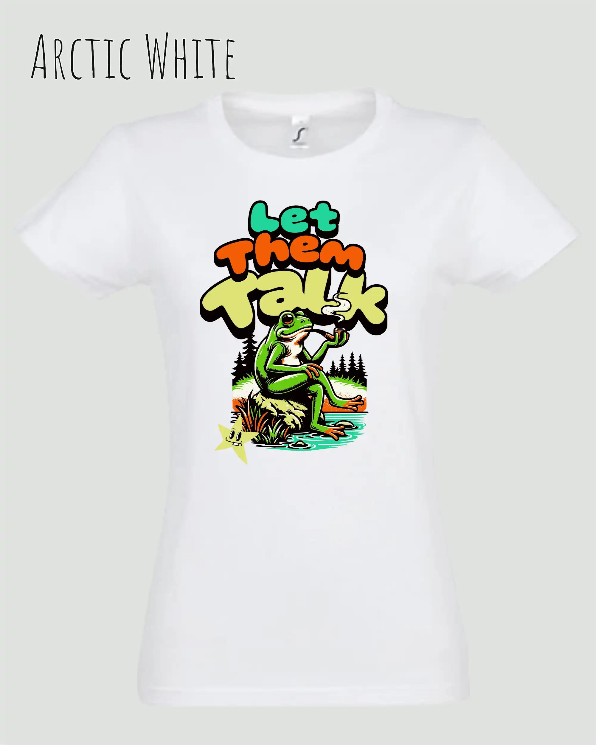 die Abbildung zeigt das design-t-shirt SOL’S Imperial Women 11502 in der farbe arctic white mit dem Motiv "let them talk"
