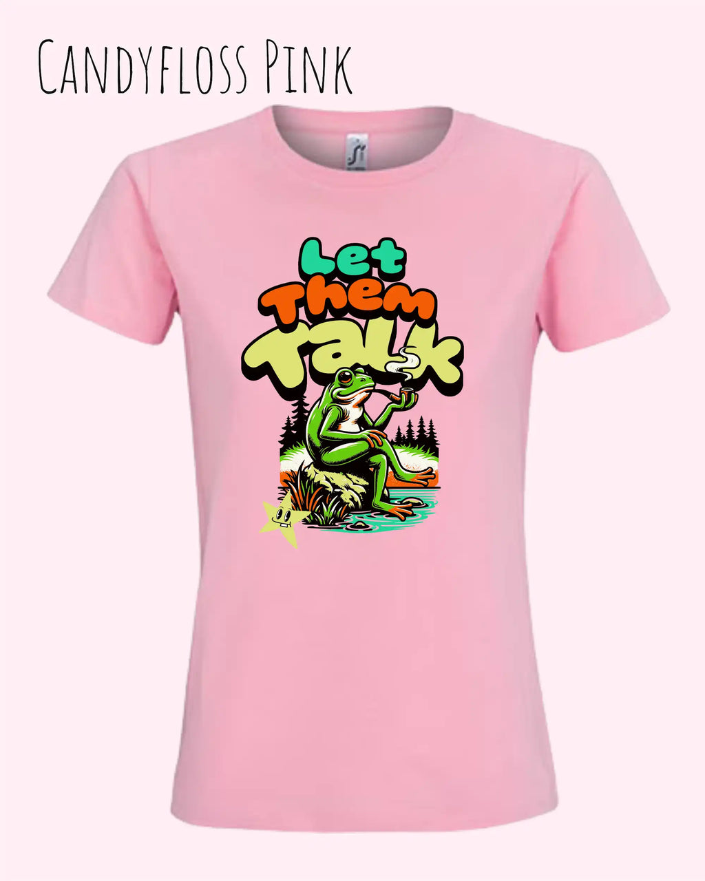 die Abbildung zeigt das design-t-shirt SOL’S Imperial Women 11502 in der farbe candyfloss pink mit dem Motiv "let them talk"