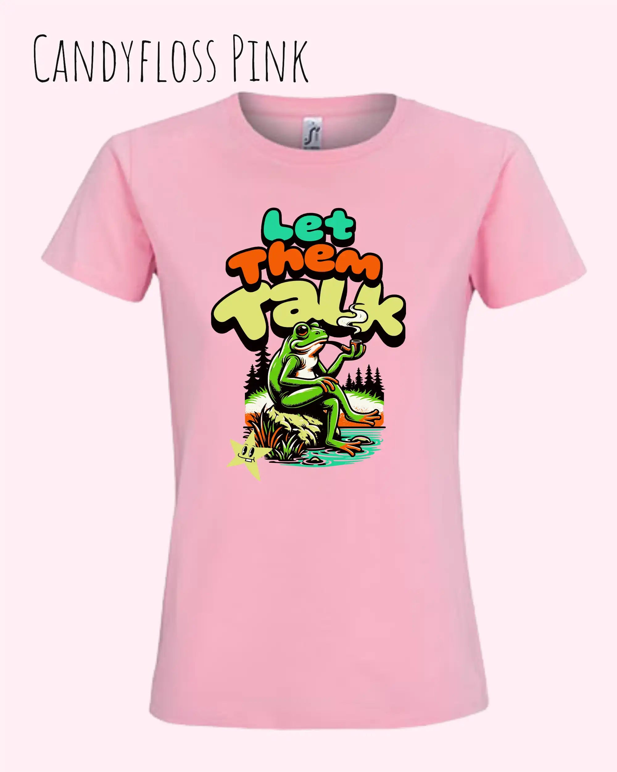 die Abbildung zeigt das design-t-shirt SOL’S Imperial Women 11502 in der farbe candyfloss pink mit dem Motiv "let them talk"