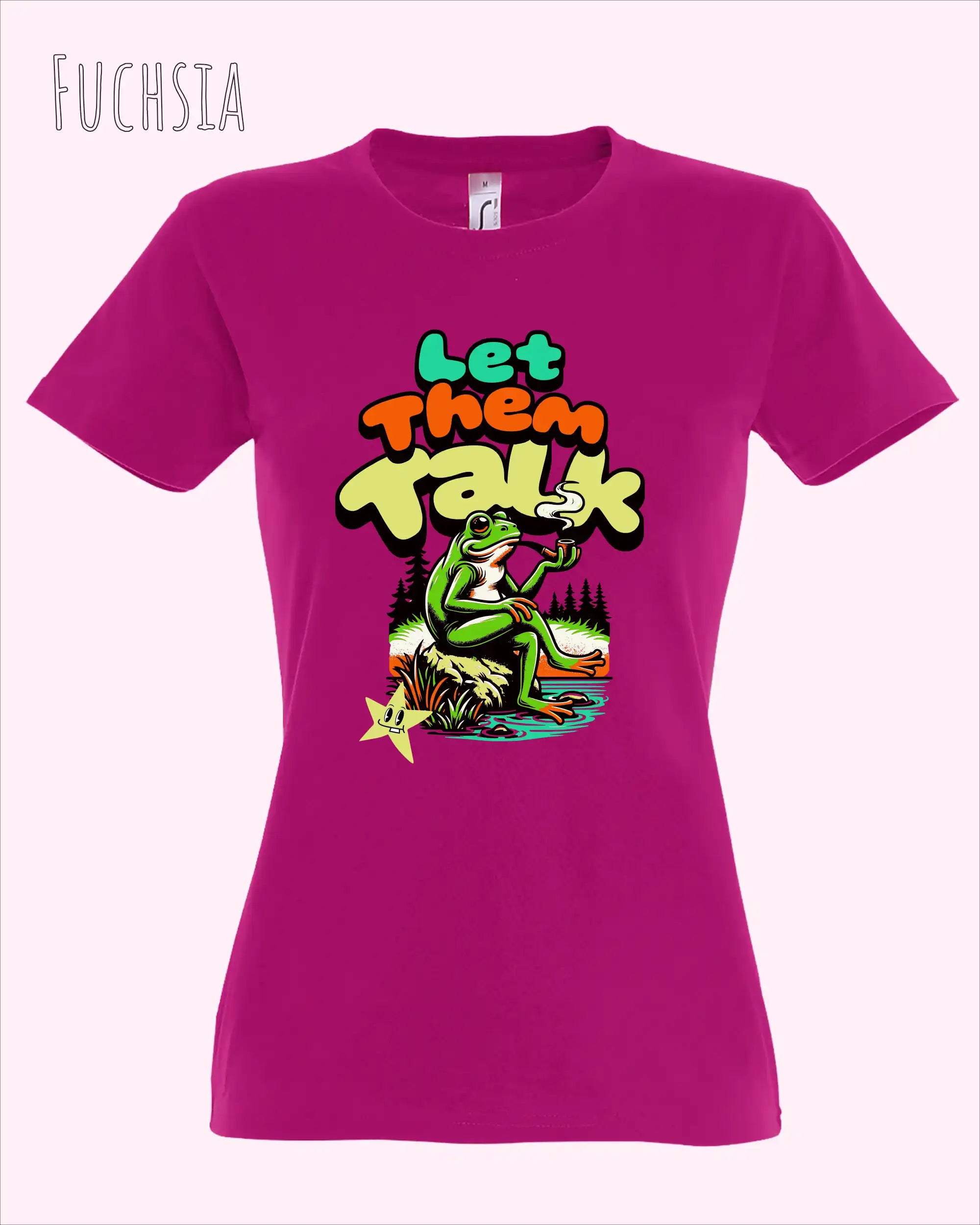 die Abbildung zeigt das design-t-shirt SOL’S Imperial Women 11502 in der farbe fuchsia mit dem Motiv "let them talk"