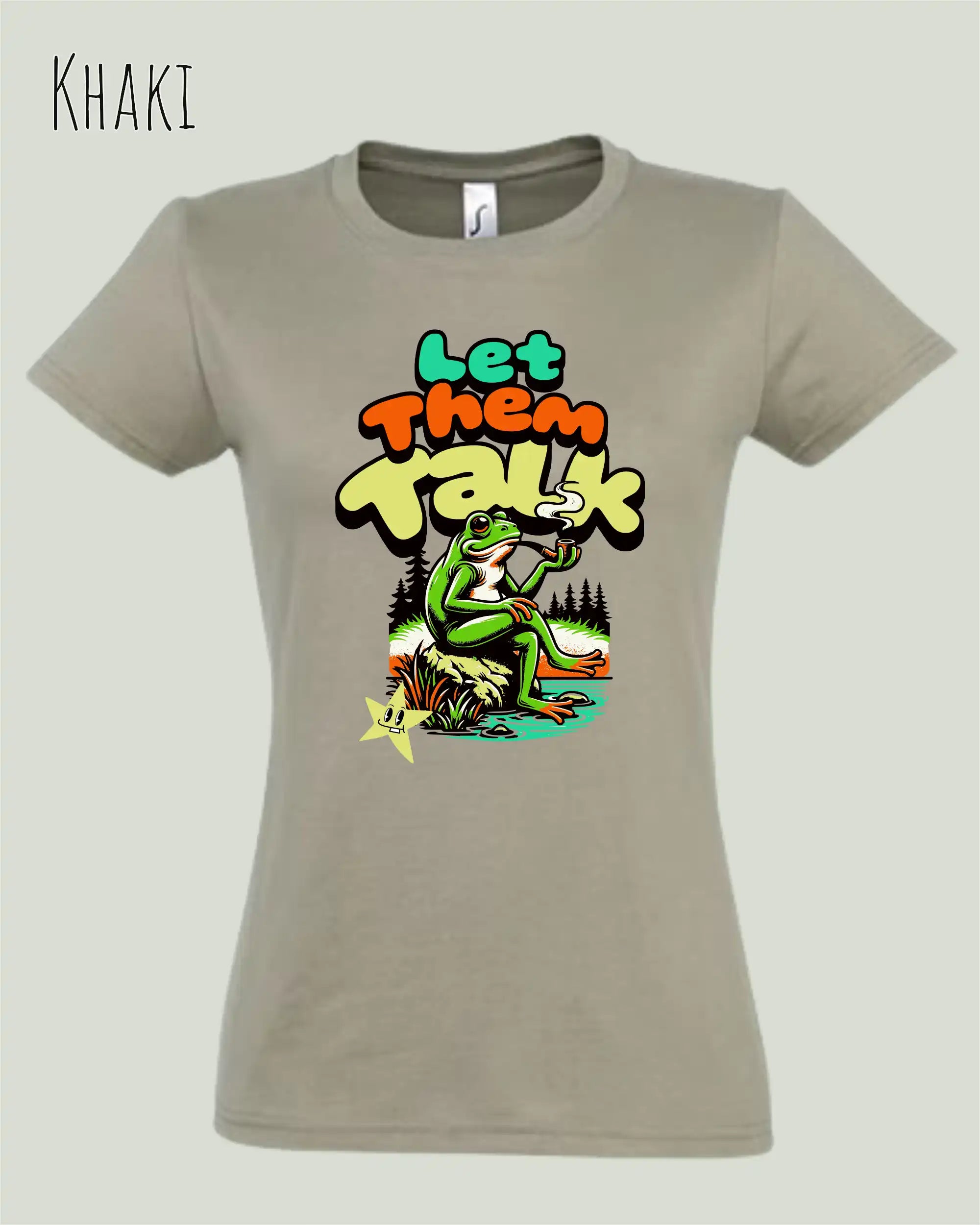 die Abbildung zeigt das design-t-shirt SOL’S Imperial Women 11502 in der farbe khaki mit dem Motiv "let them talk"