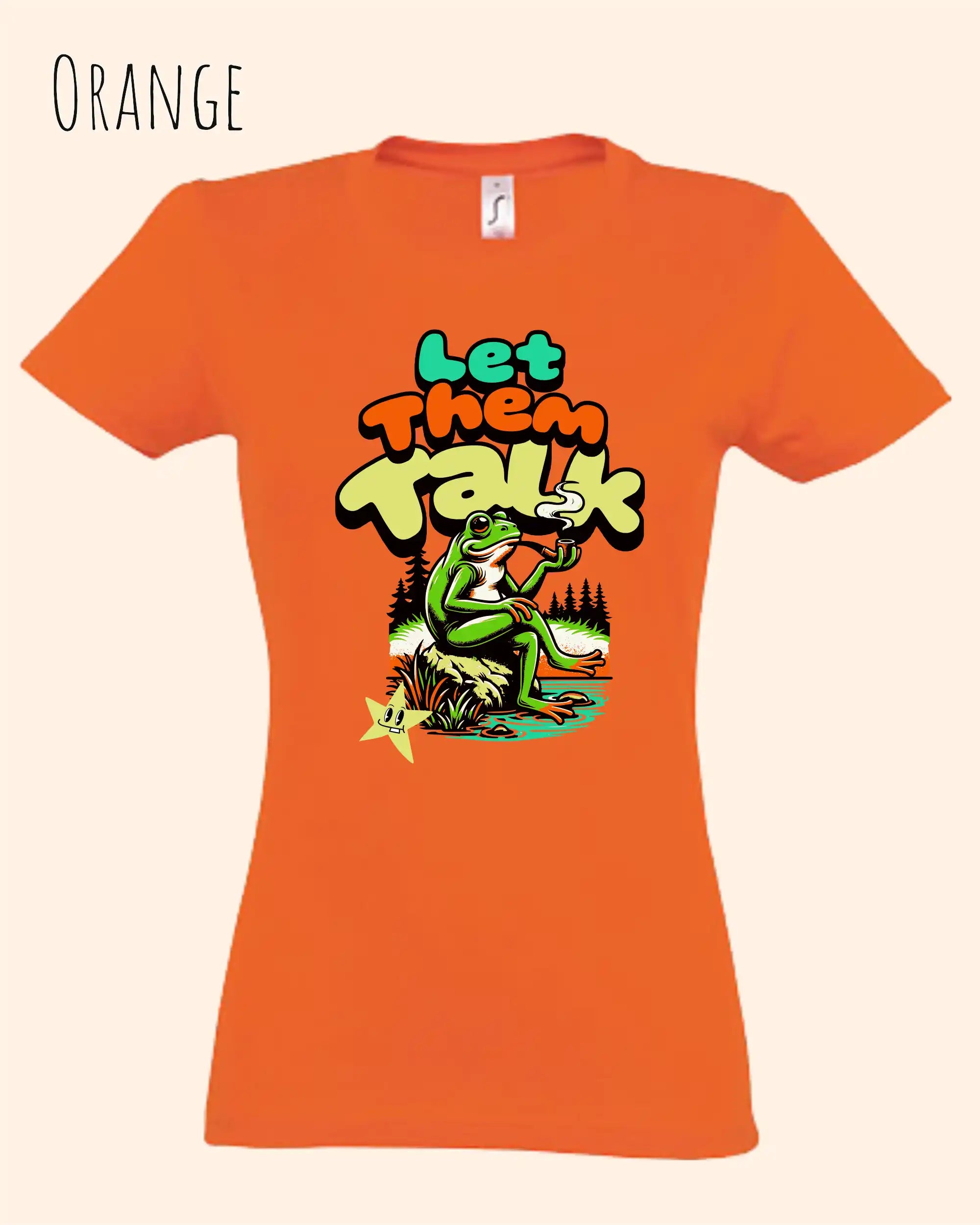 die Abbildung zeigt das design-t-shirt SOL’S Imperial Women 11502 in der farbe orange mit dem Motiv "let them talk"