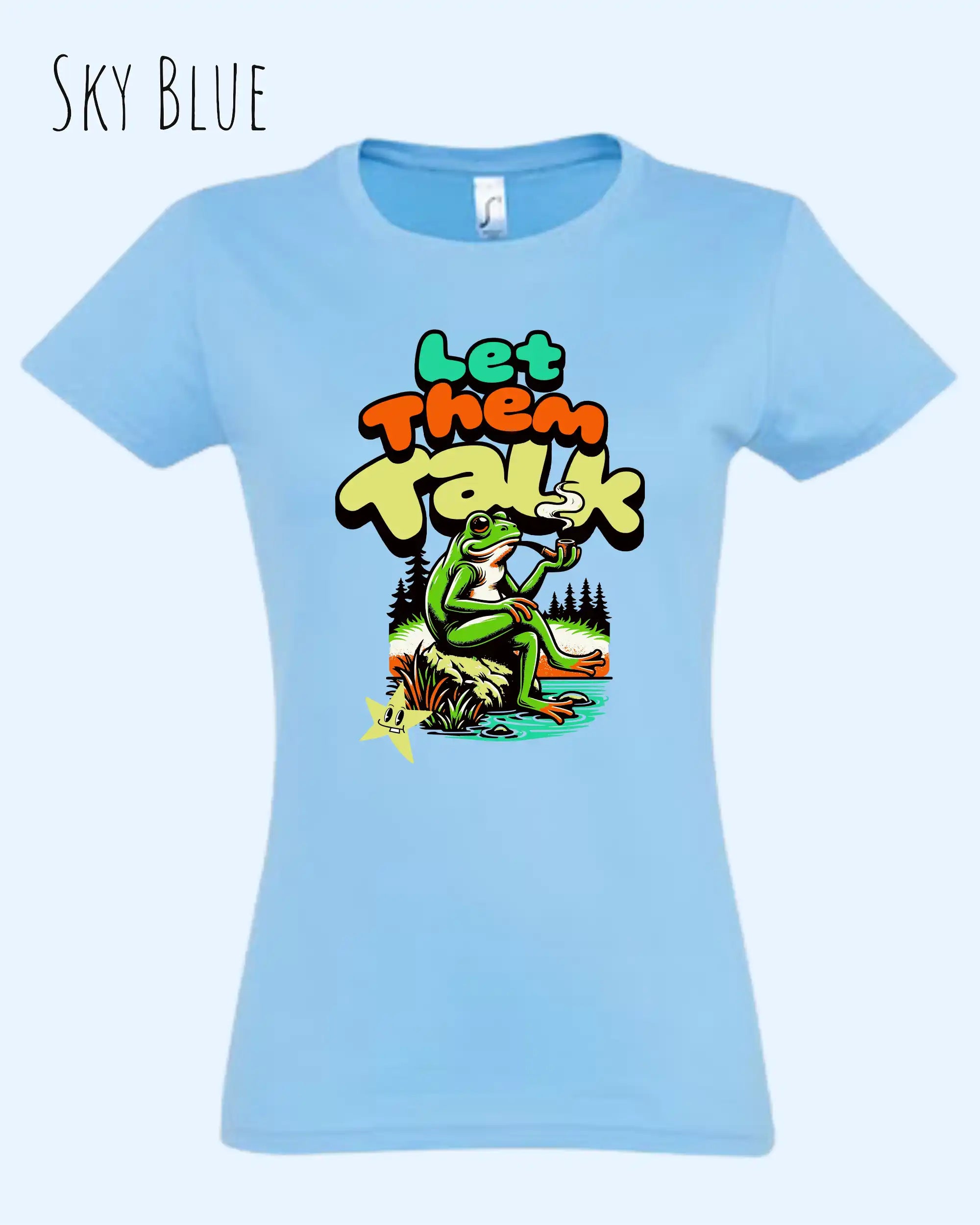 die Abbildung zeigt das design-t-shirt SOL’S Imperial Women 11502 in der farbe skyblue mit dem Motiv "let them talk"